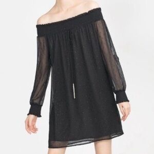 ZARA Peasant‎ Off Shoulder Swiss Dot Black Chiffon Cocktail Dress SZ XS